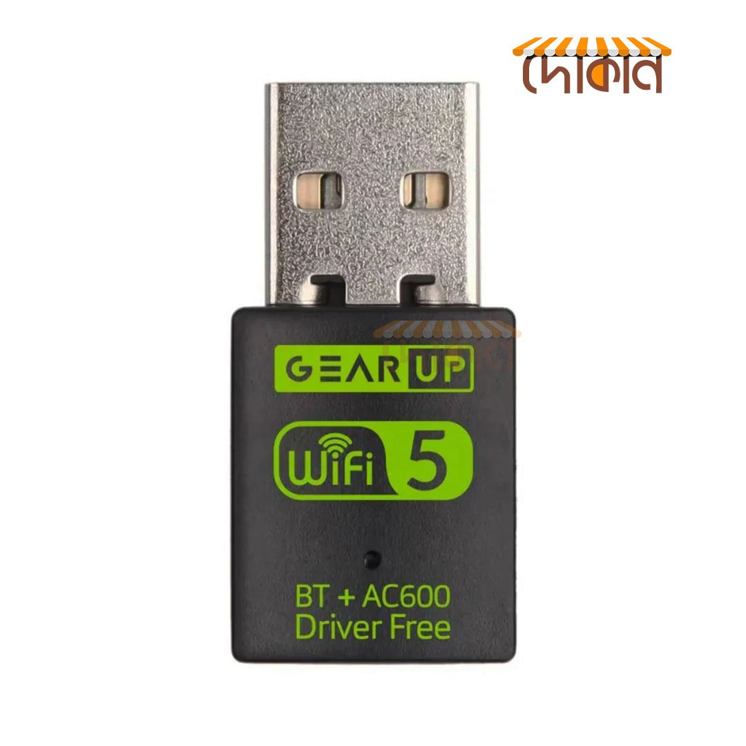 GearUP 600Mbps Dual Band WiFi + Bluetooth Adapter For Windows PC/Laptop- (Driver Free Version, WiFi Hotspot Supported, 2.4GHz + 5GHz)